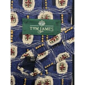Vtg 80s 90s Tom James Silk Neck Tie Blue Beige Abstract Wall Art Designer Preppy